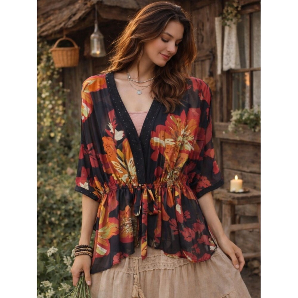 AD Added Dimensions Catherines Women's Floral Print Duster Kimono Size OX 14-16
